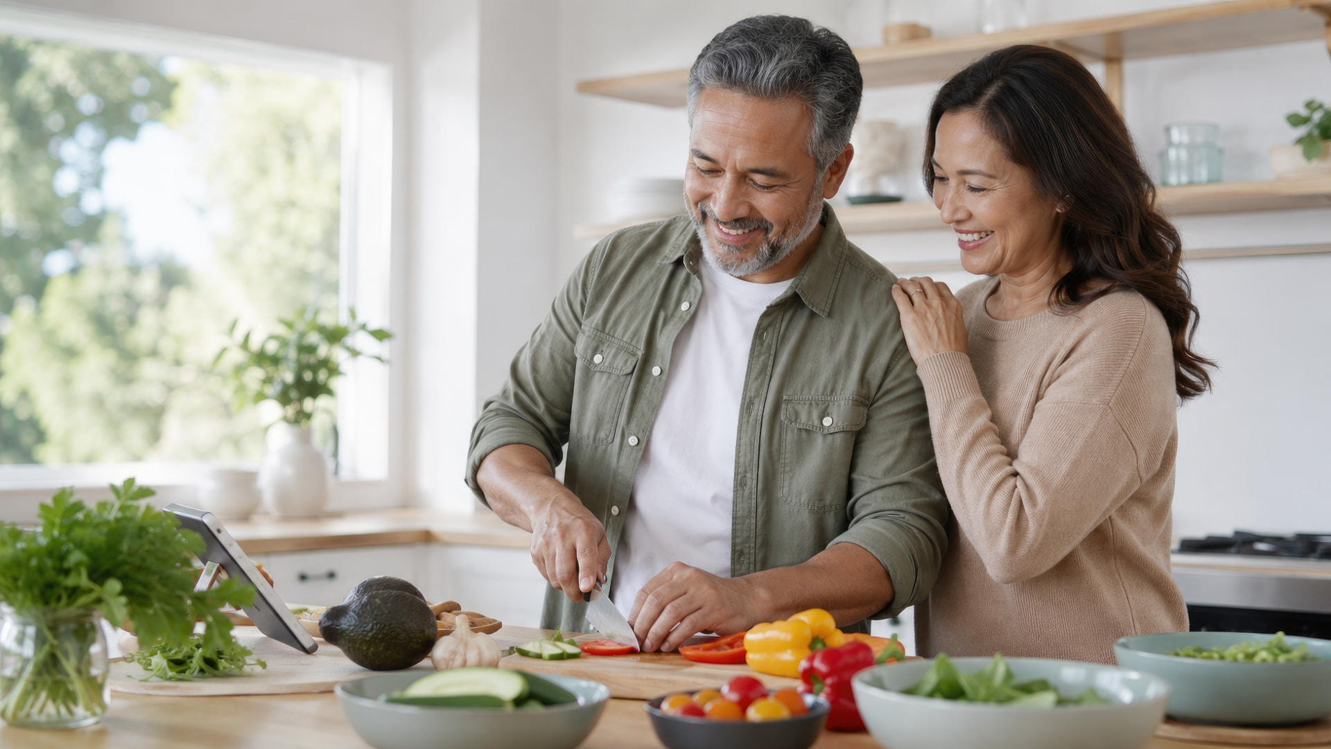 Happy couple preparing a healthy meal together in a bright modern kitchen, representing concierge primary care and lifestyle wellness